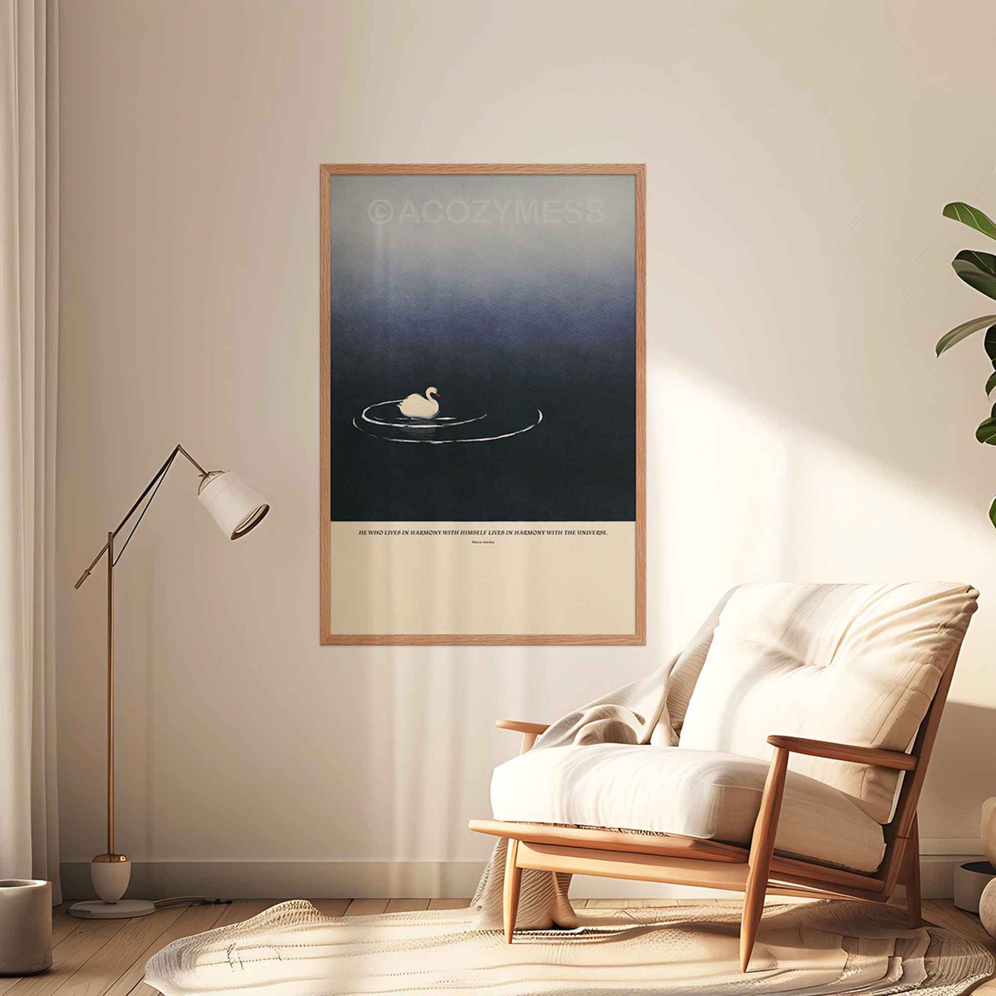 Marcus Aureliusposter art in an oakwood frame, displaying the phrase “Harmony with himself” with serene art.