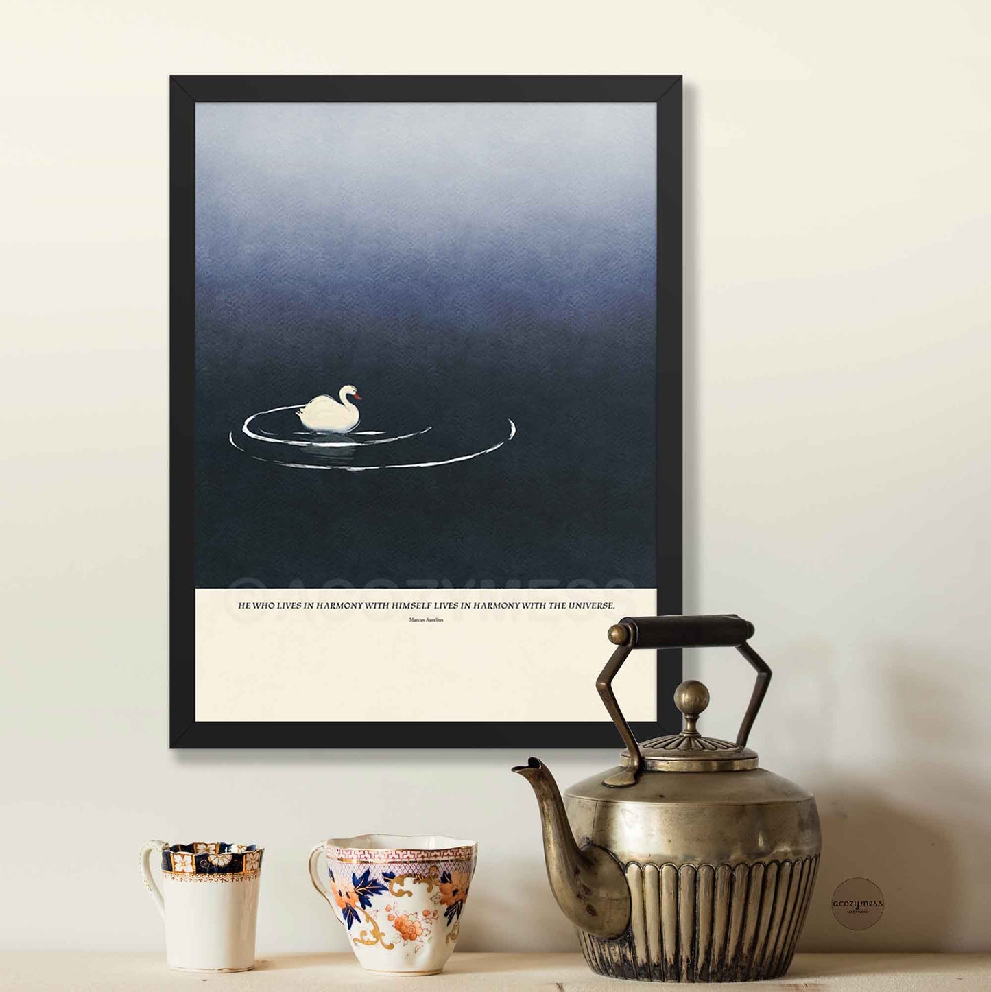 Marcus Aurelius inspirational quote wall art displayed in a black frame, featuring tranquil blue artwork.