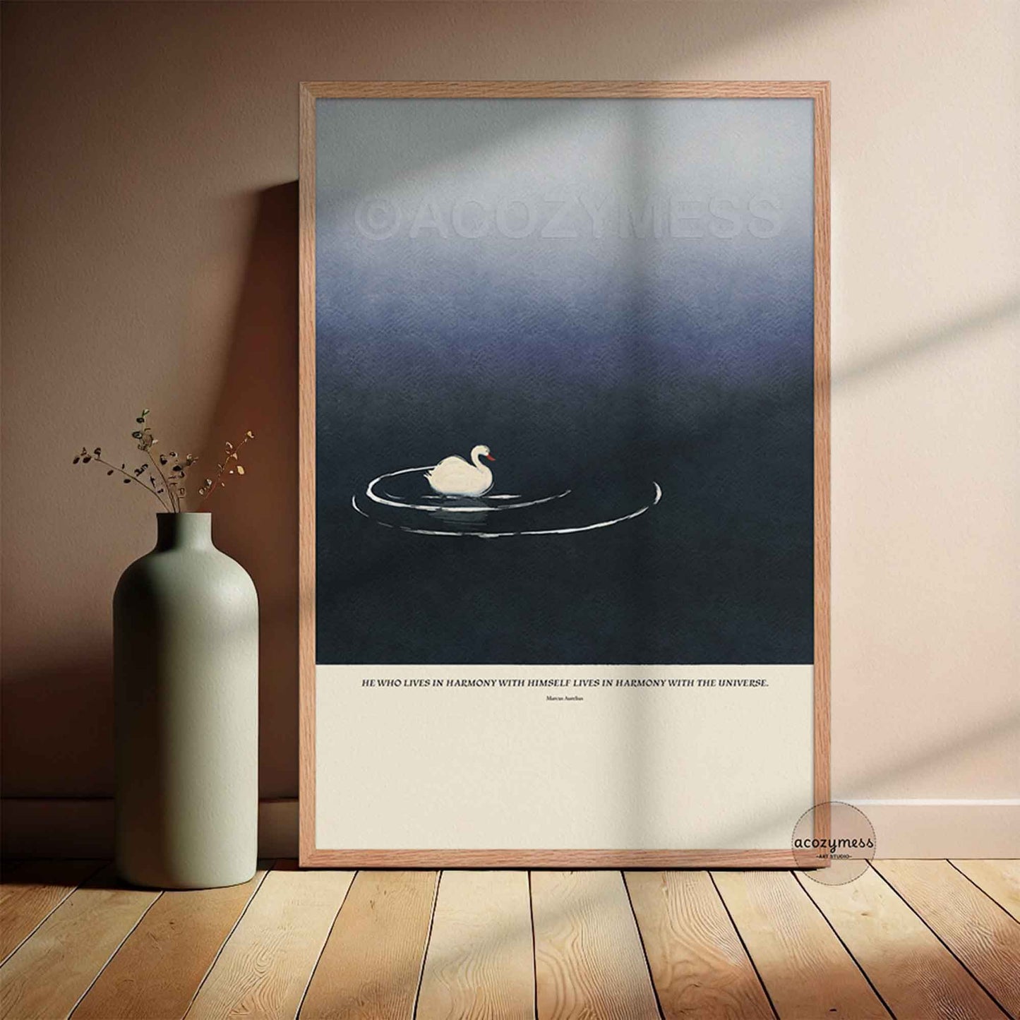 Marcus Aurelius inspirational quote wall art displayed in an oakwood  frame, featuring tranquil blue artwork.