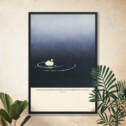 Black framed Stoic quote poster with “Harmony with himself” by Marcus Aurelius and calming  art.