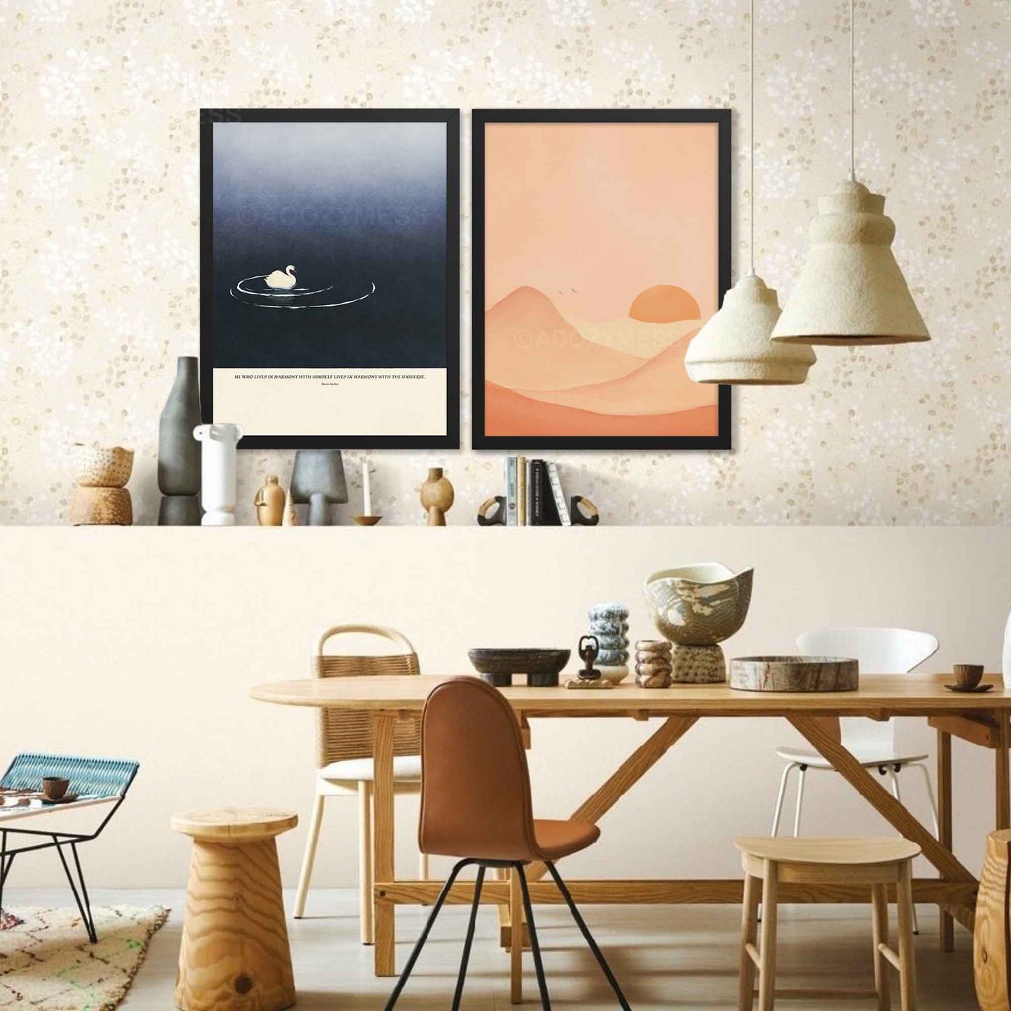 Dining room with framed artwork of marcus aurelius quote poster in black frame.