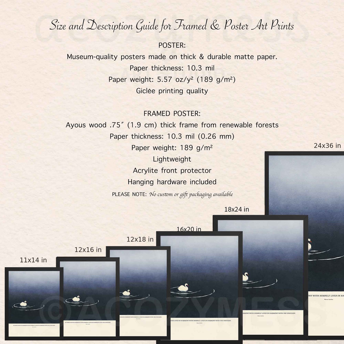 Size and description guide for framed and poster art prints with dimensions and material details.