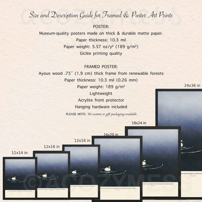 Size and description guide for framed and poster art prints with dimensions and material details.