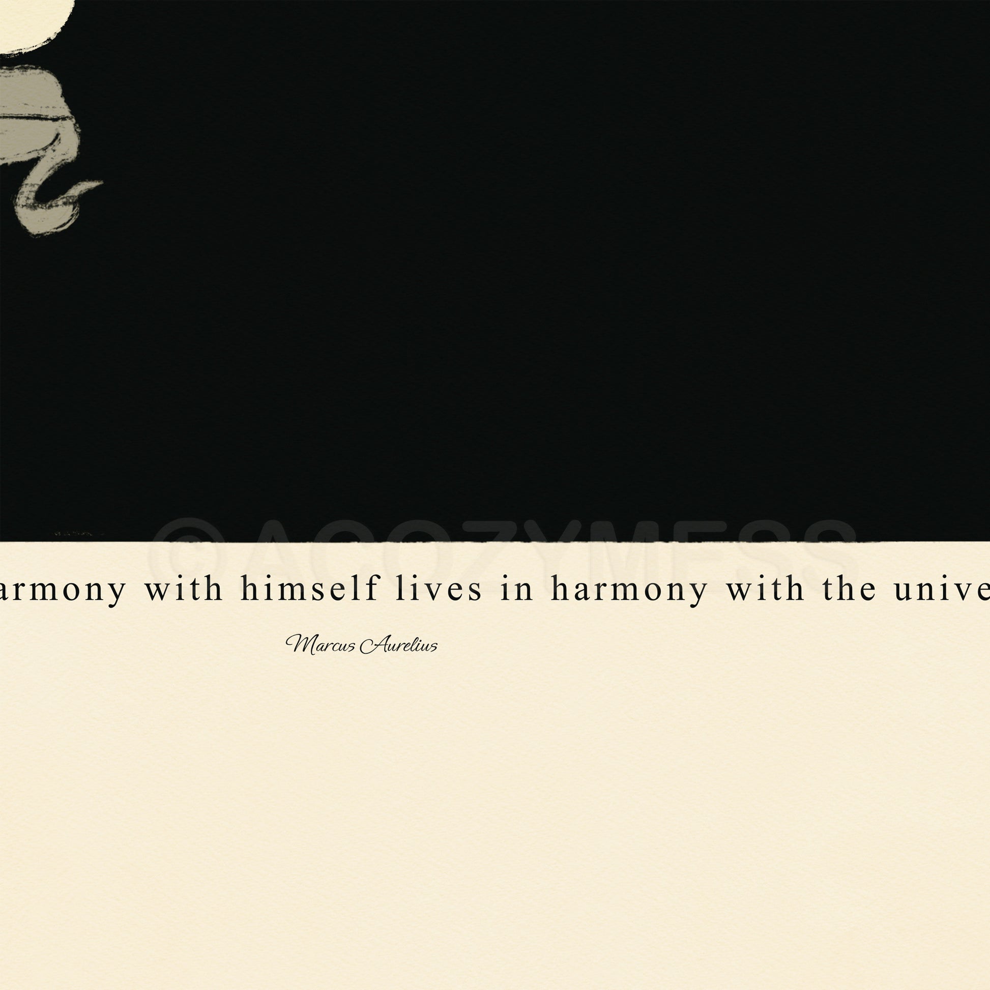 Close-up of Marcus Aurelius quote poster with bold black typography on beige background, showing fine text and paper texture.