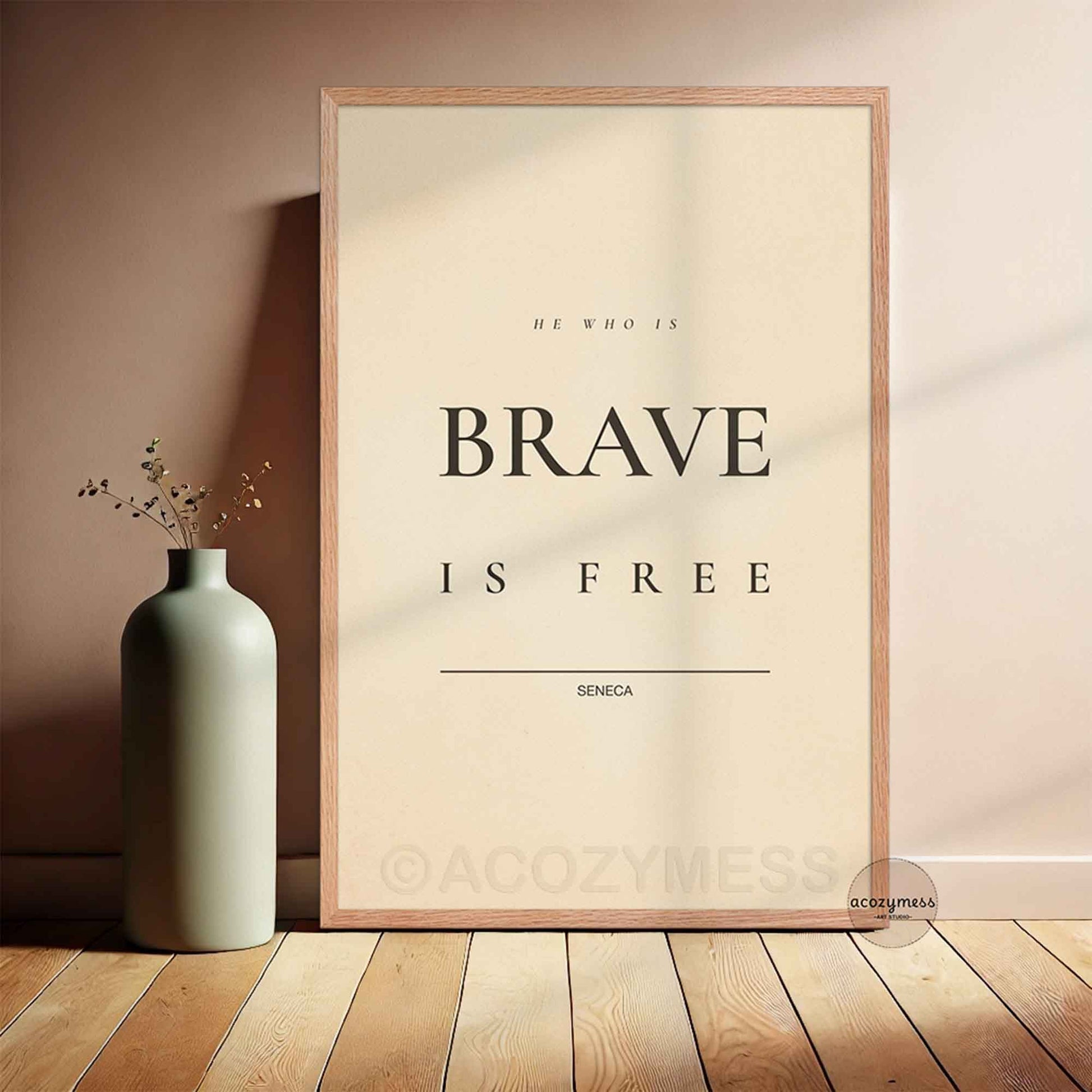 Seneca Quote wall art in minimalist typography on dark background, in oakwood frame.