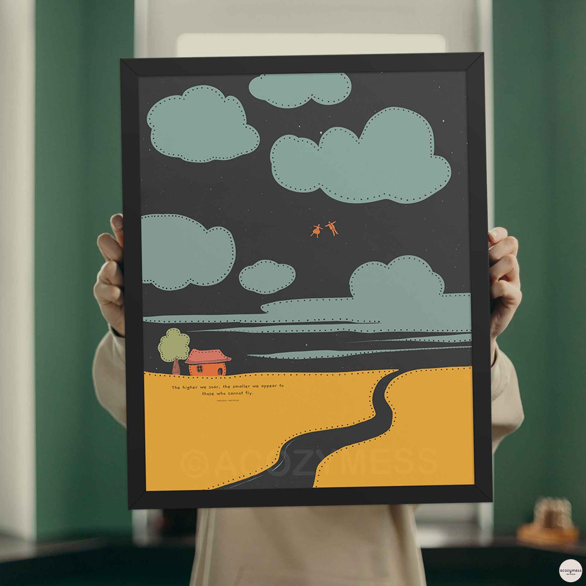 Black framed poster with - The higher we soar…- with people flying in the sky among clouds on starry background.