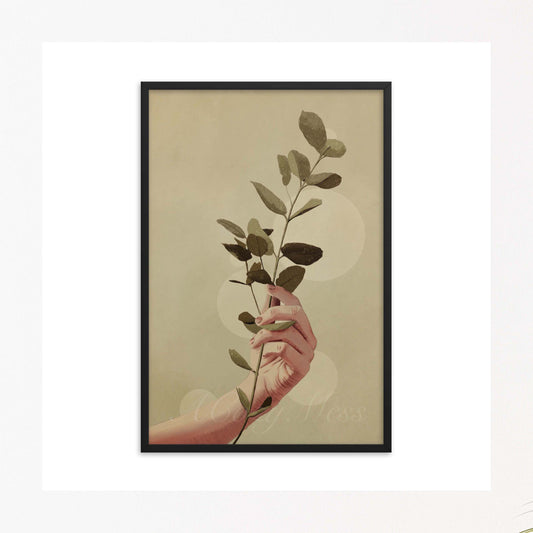 A hand holding a stem in earthly green & neutral palette wall art poster in black frame