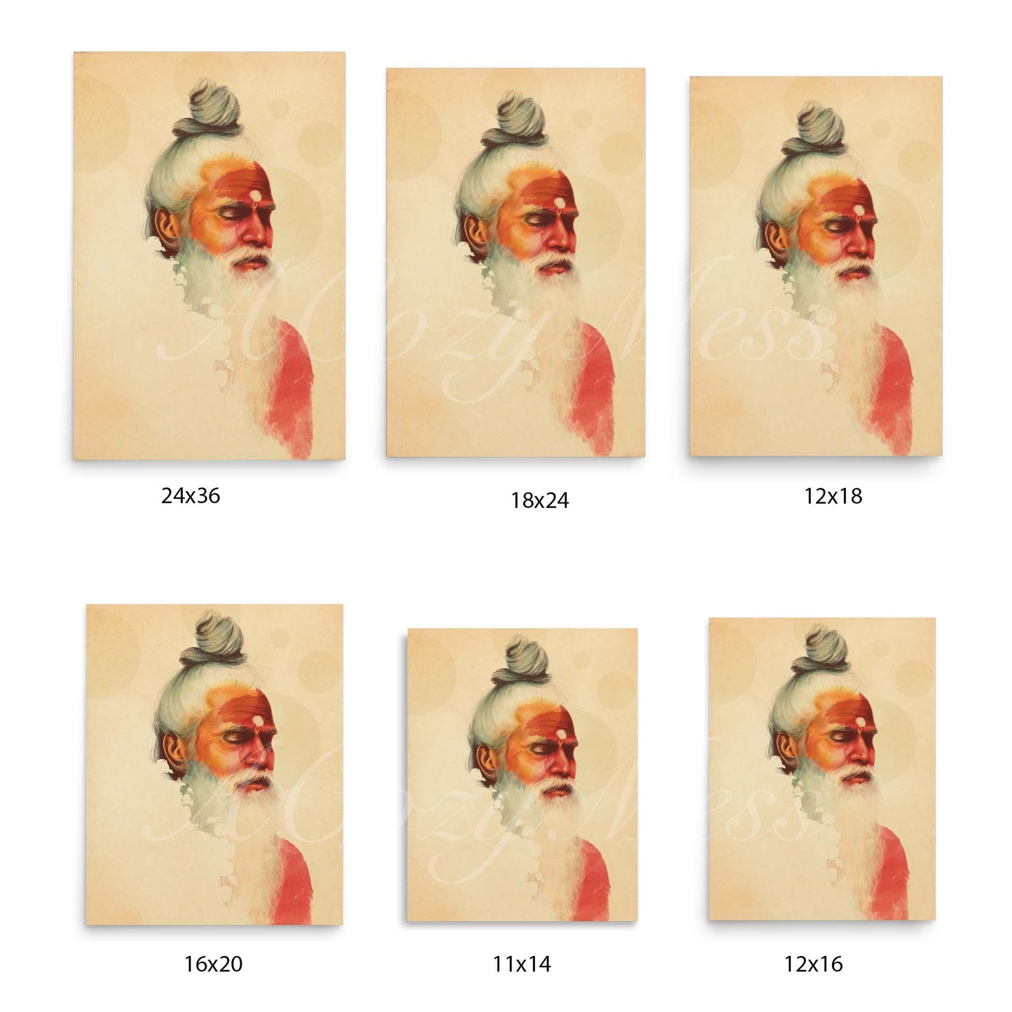 Indian holy man in meditation portrait in beige, orange & yellow palette, wall art posters
