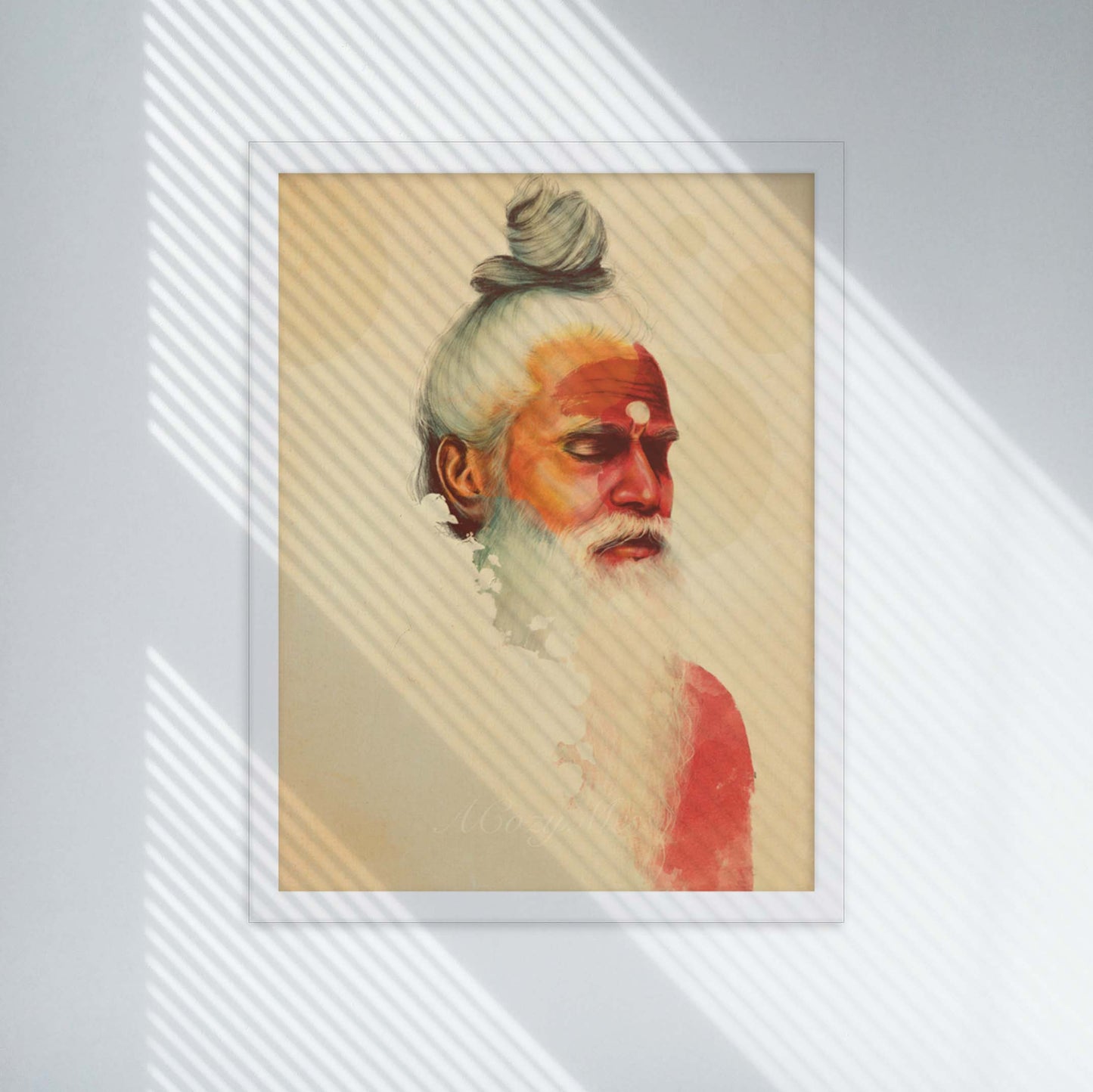 Indian holy man in meditation portrait in beige, orange & yellow palette, wall art in white frame