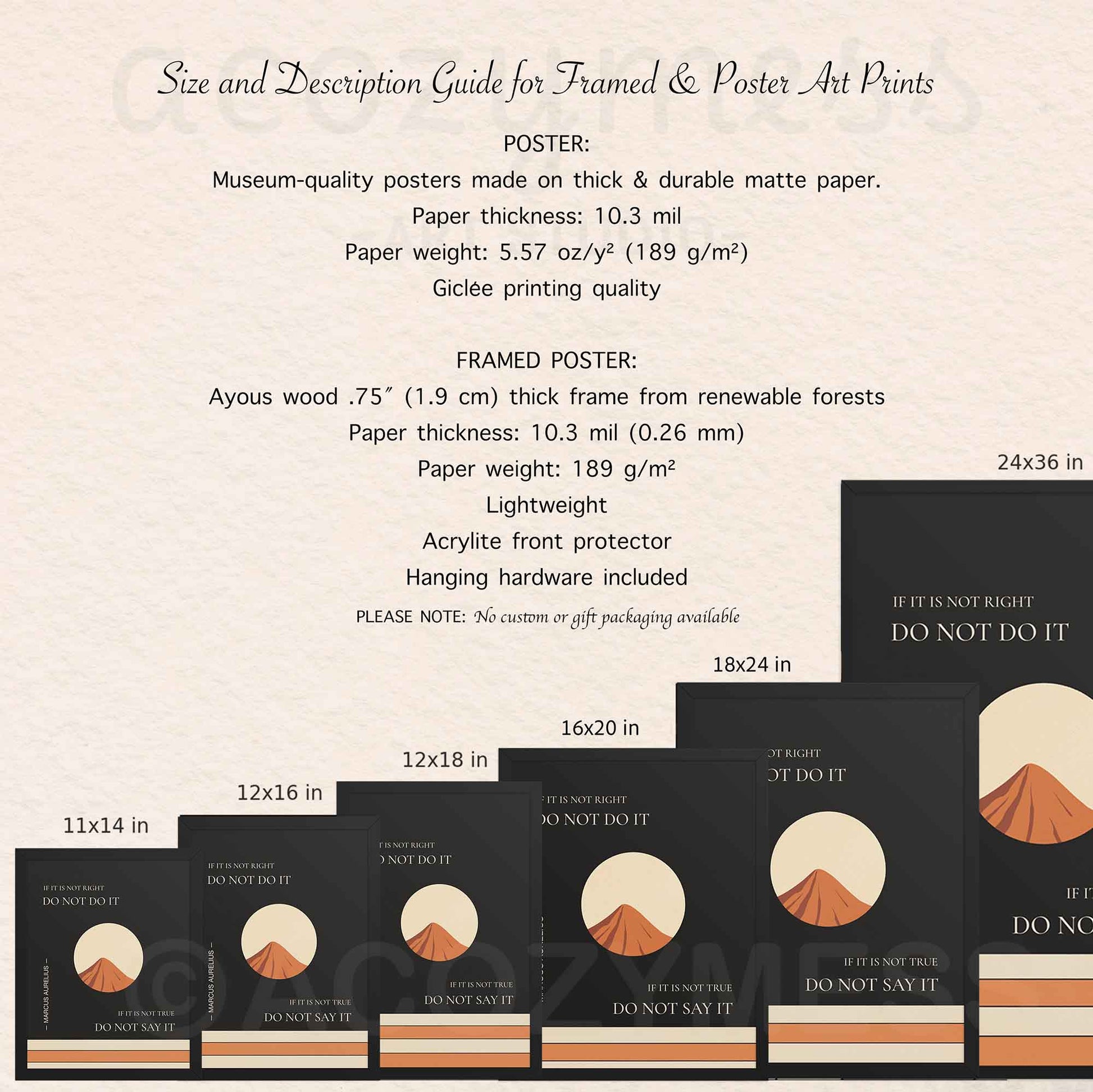 Size and description guide for framed and poster art prints with product images.