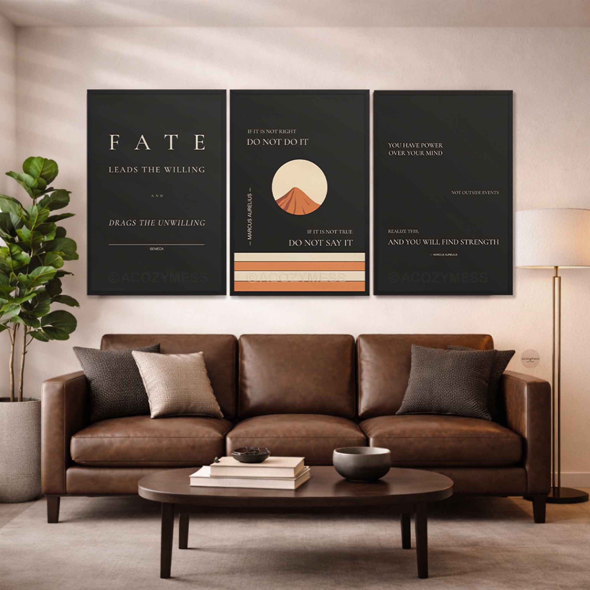 Dark minimalist Stoic philosophy wall arts framed in black displayed on an office wall above couch