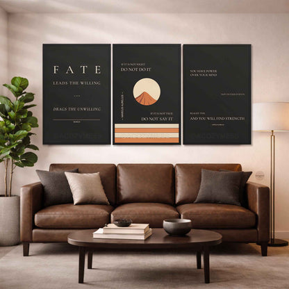 Dark minimalist Stoic philosophy wall arts framed in black displayed on an office wall above couch