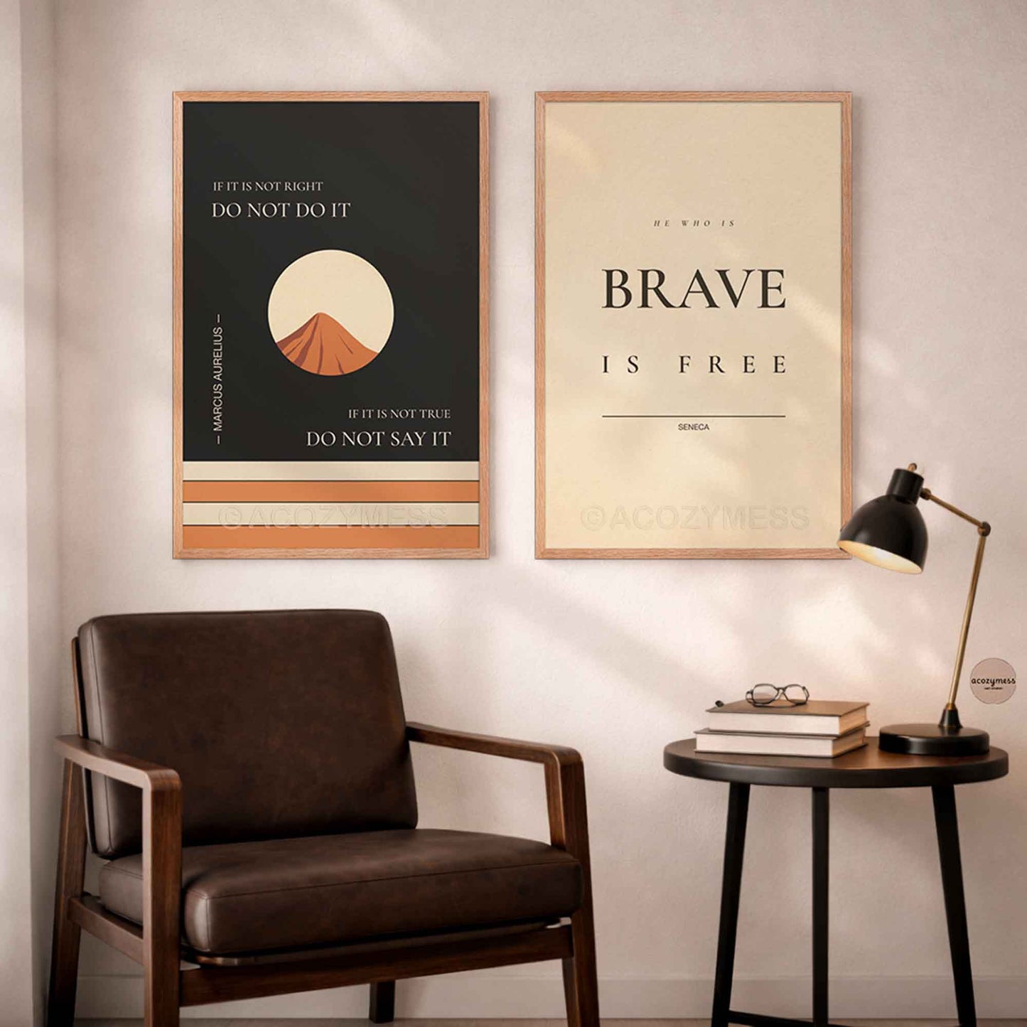 Modern interior with a stoic philosophy posters framed in natural oakwood featuring mountain illustration, Marcus Aurelius and Seneca