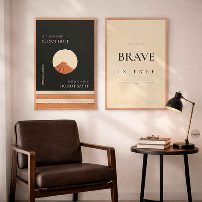 Modern interior with a stoic philosophy posters framed in natural oakwood featuring mountain illustration, Marcus Aurelius and Seneca