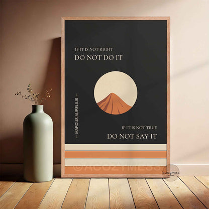 Marcus Aurelius quote wall art in oakwood frame with dark mountain background