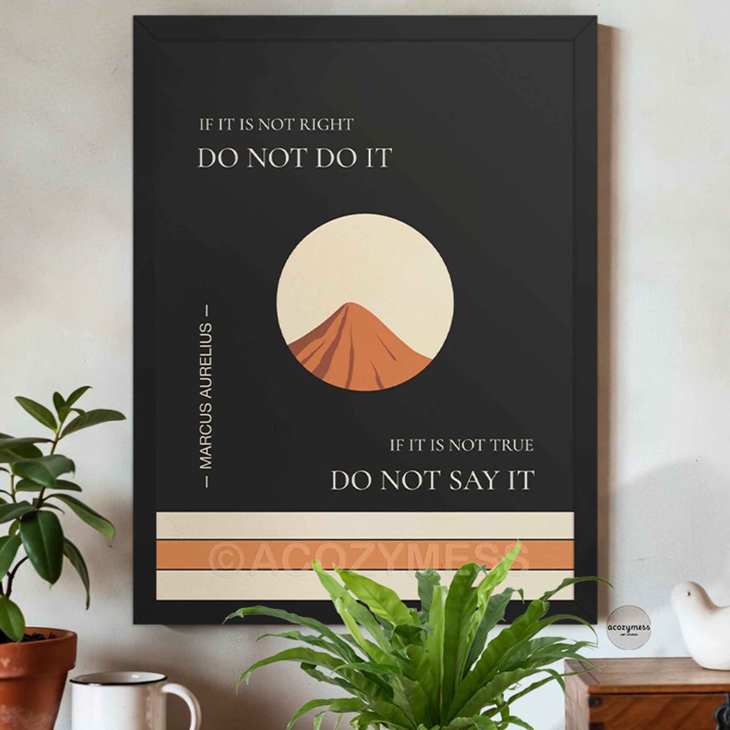 Dark minimalist Stoic philosophy print framed in black