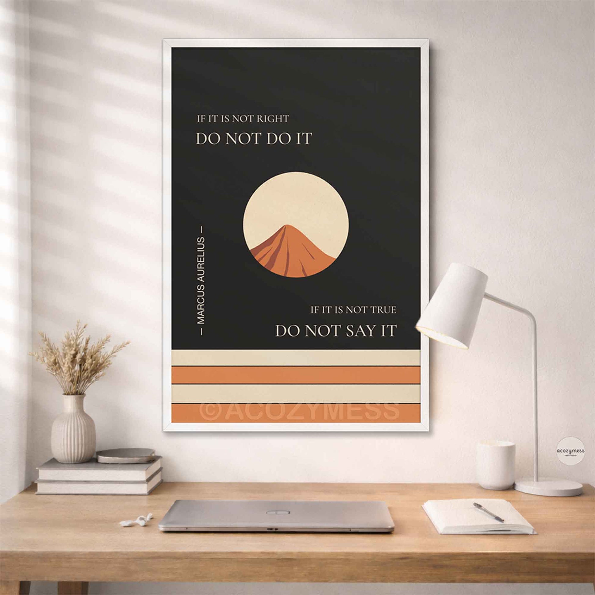 Minimalist philosophy wall art in white frame featuring mountain artwork