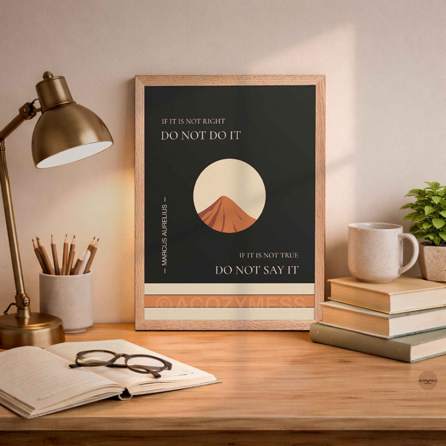 “If it is not right, do not do it” print in oakwood frame on dark backdrop