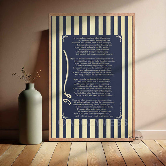 If poem poetry print by rudyard kipling in blue and beige, framed in oakwood