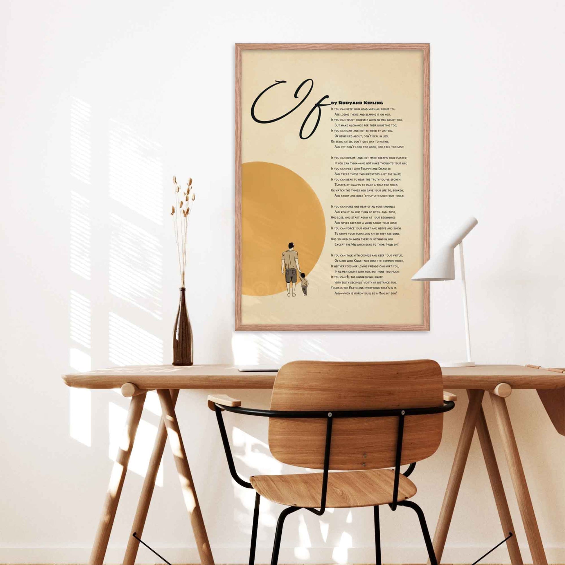 Poster featuring Rudyard Kipling's poem If with an illustration of a father and his little boy walking together under a radiant sun, symbolizing guidance and resilience, in oakwood frame on a desk wall.