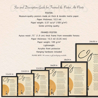 size and description details of framed and unframed if poem by Rudyard Kipling in 11x14, 12x16, 12x18, 16x20, 18x24, 20x30, 24x36 inches sizes in black, white and oakwood frame.