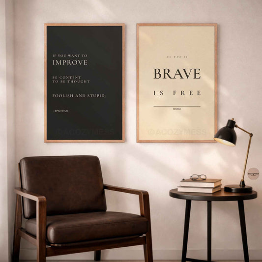 Modern interior with stoic  framed motivational posters on a light wall.