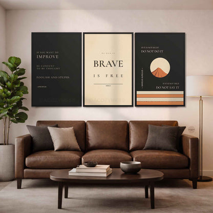 Living room with black framed motivational posters on the wall.