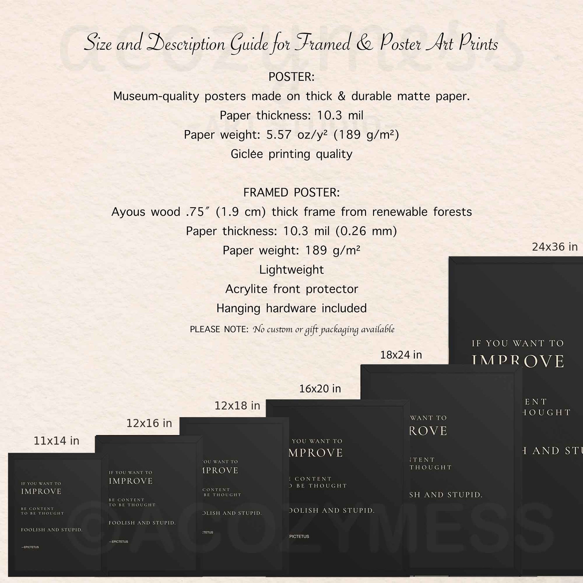 Size and description guide for framed and poster art prints with product display.