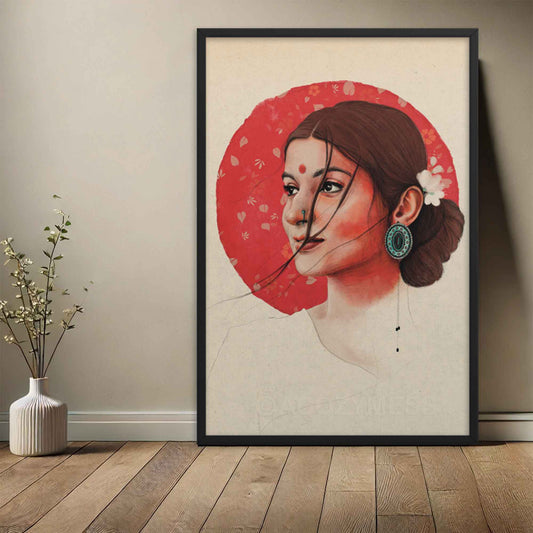 Indian woman portrait with a traditional round bindi with in warm red, beige and brown tones, displayed in black frame