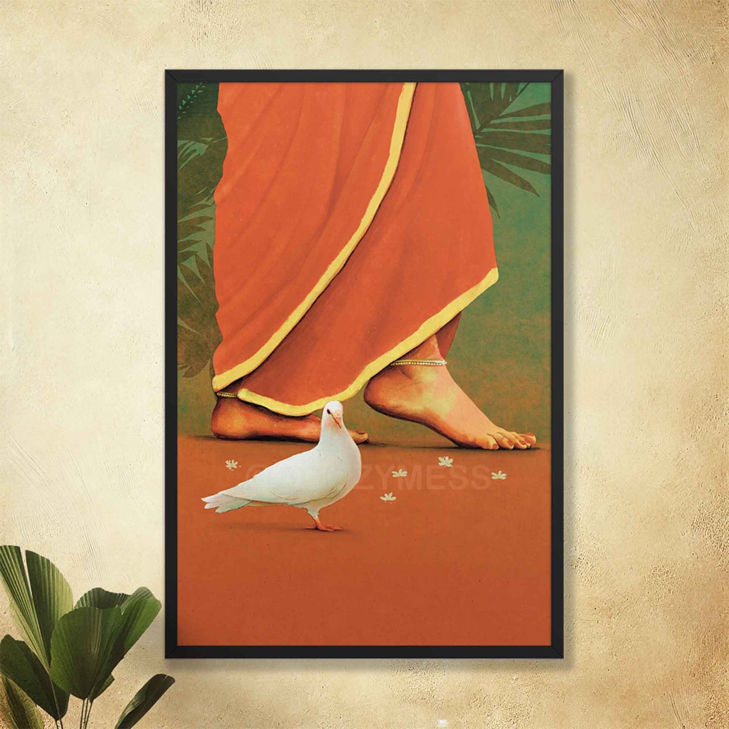 woman in red saree wearing anklets wall art in red and green colors, framed in black frame.