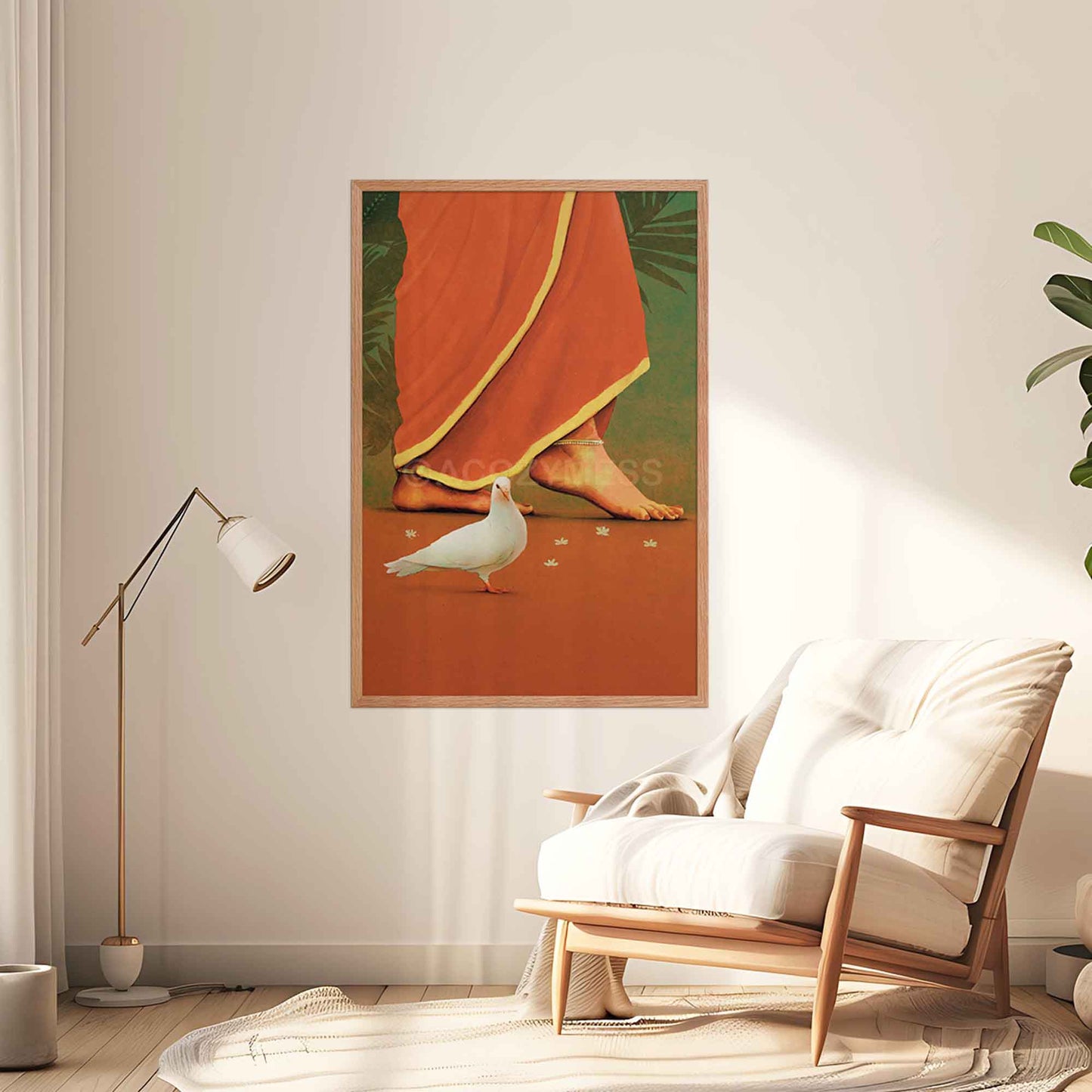 woman in red saree wearing anklets wall art in red and green colors, framed in oakwood frame.