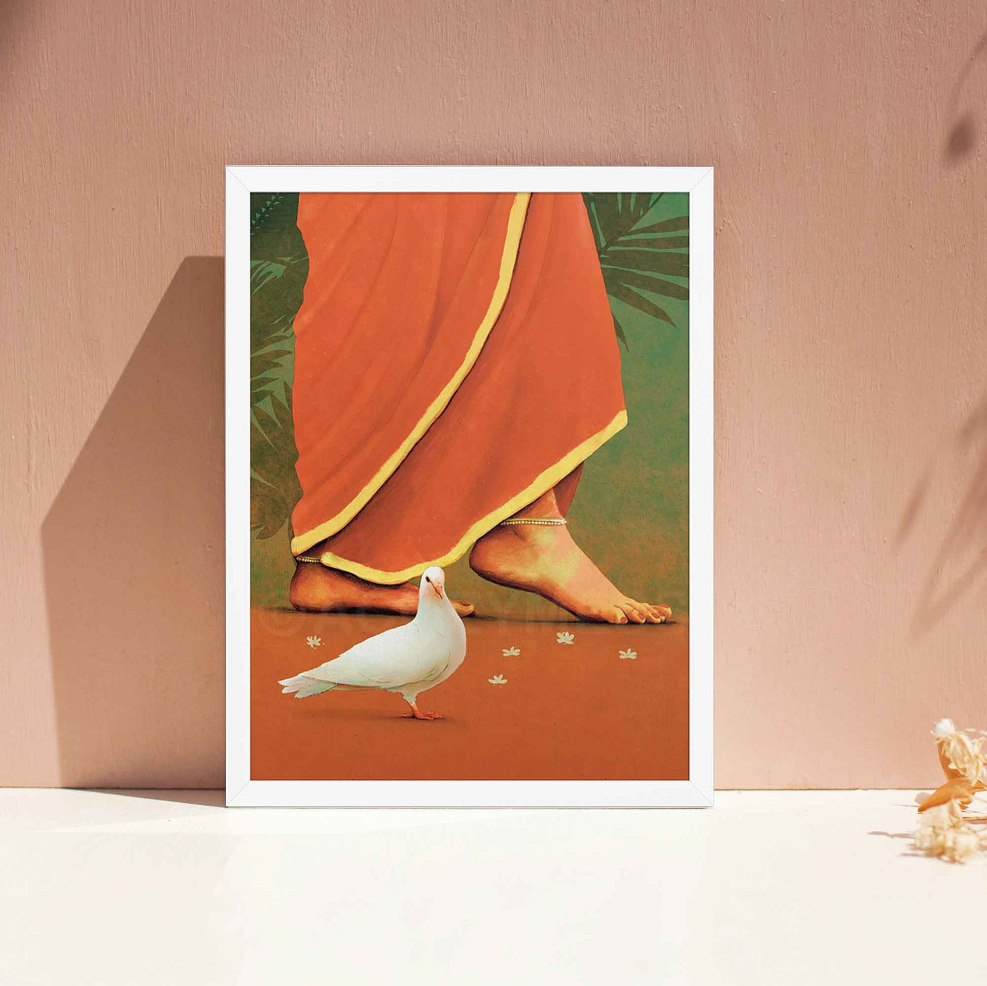 Art of an Indian woman in red saree wearing anklets wall art in red and green colors, framed in white frame.