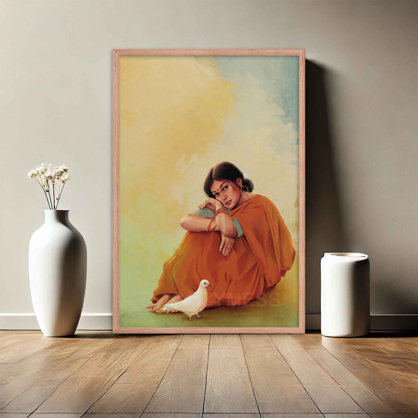 Indian woman sitting in a red saree with white dove wall art poster in oakwood frame.