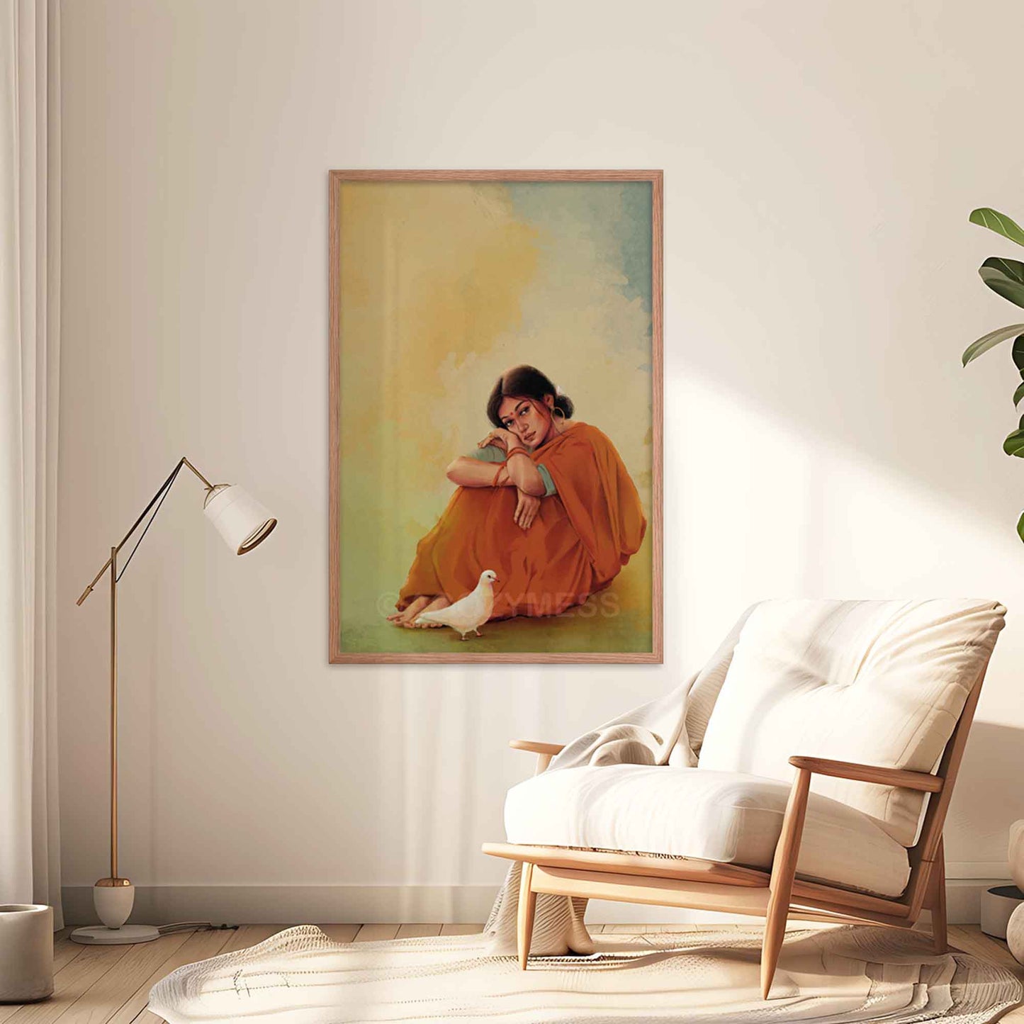 Indian woman sitting in a red saree with white dove wall art poster in oakwood frame, displayed on a living room wall.