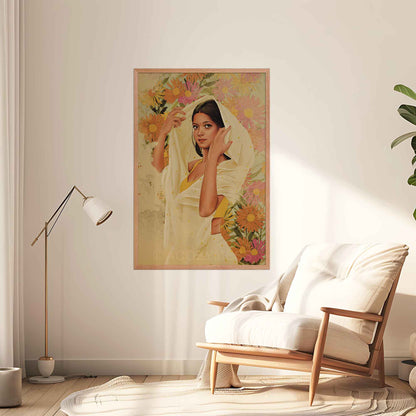 Indian Woman in beige polka saree and yellow blouse on floral background, in oakwood frame.