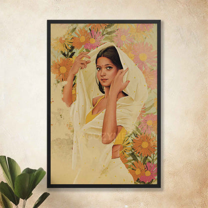 Women in beige polka saree and yellow blouse on floral background, in black frame.