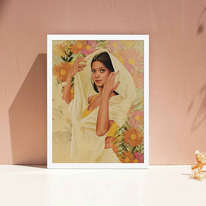 Indian Woman in beige polka saree and yellow blouse on floral background, in white frame.