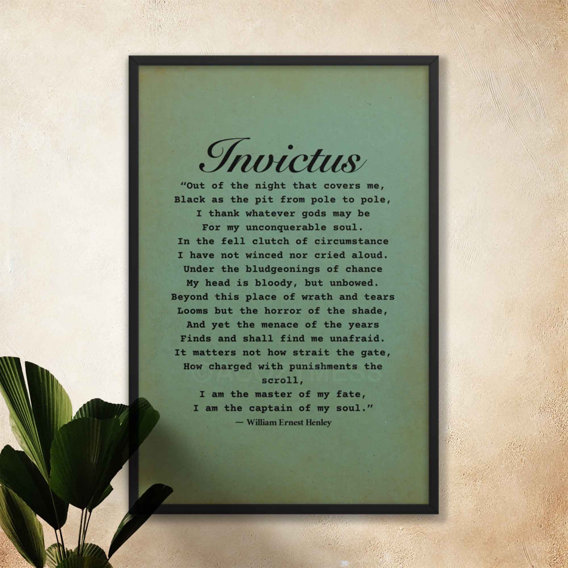 Invictus Poem Poster black on green displayed in black frame.