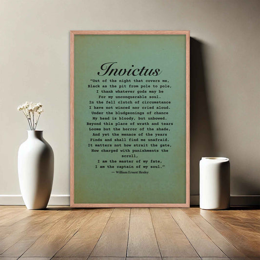 Invictus Poem Poster black on green displayed in oakwood frame.