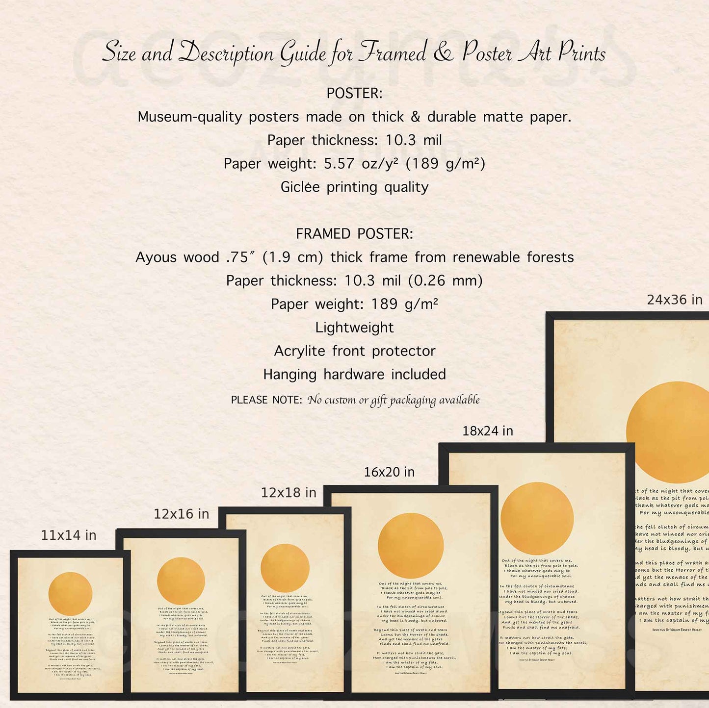 Image showing size dimensions and description details of the Invictus poem wall art