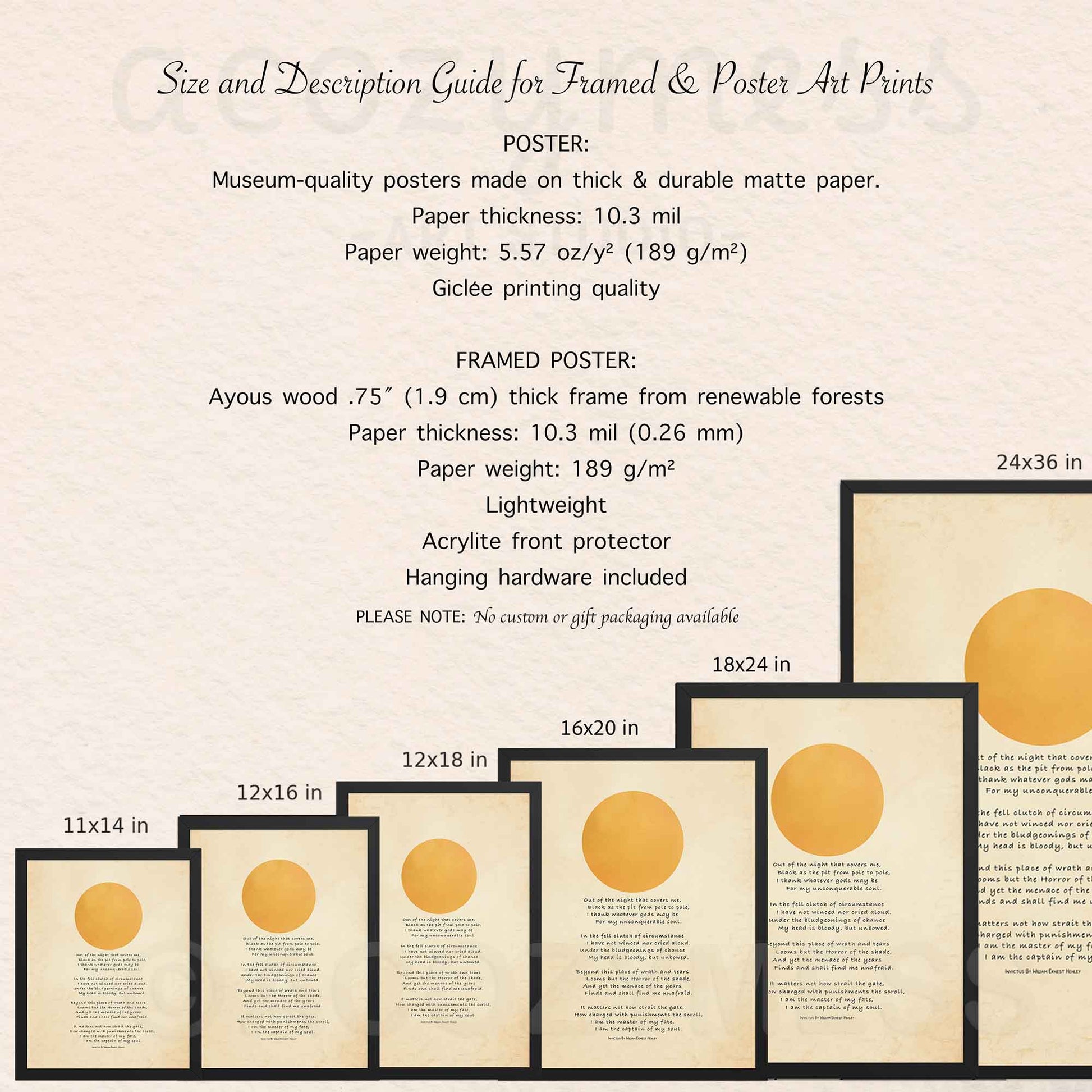 Image showing size dimensions and description details of the Invictus poem wall art