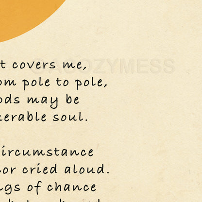 Zoomed-in view of the Invictus poem poster featuring black typography on a beige background with a yellow sun illustration at the top
