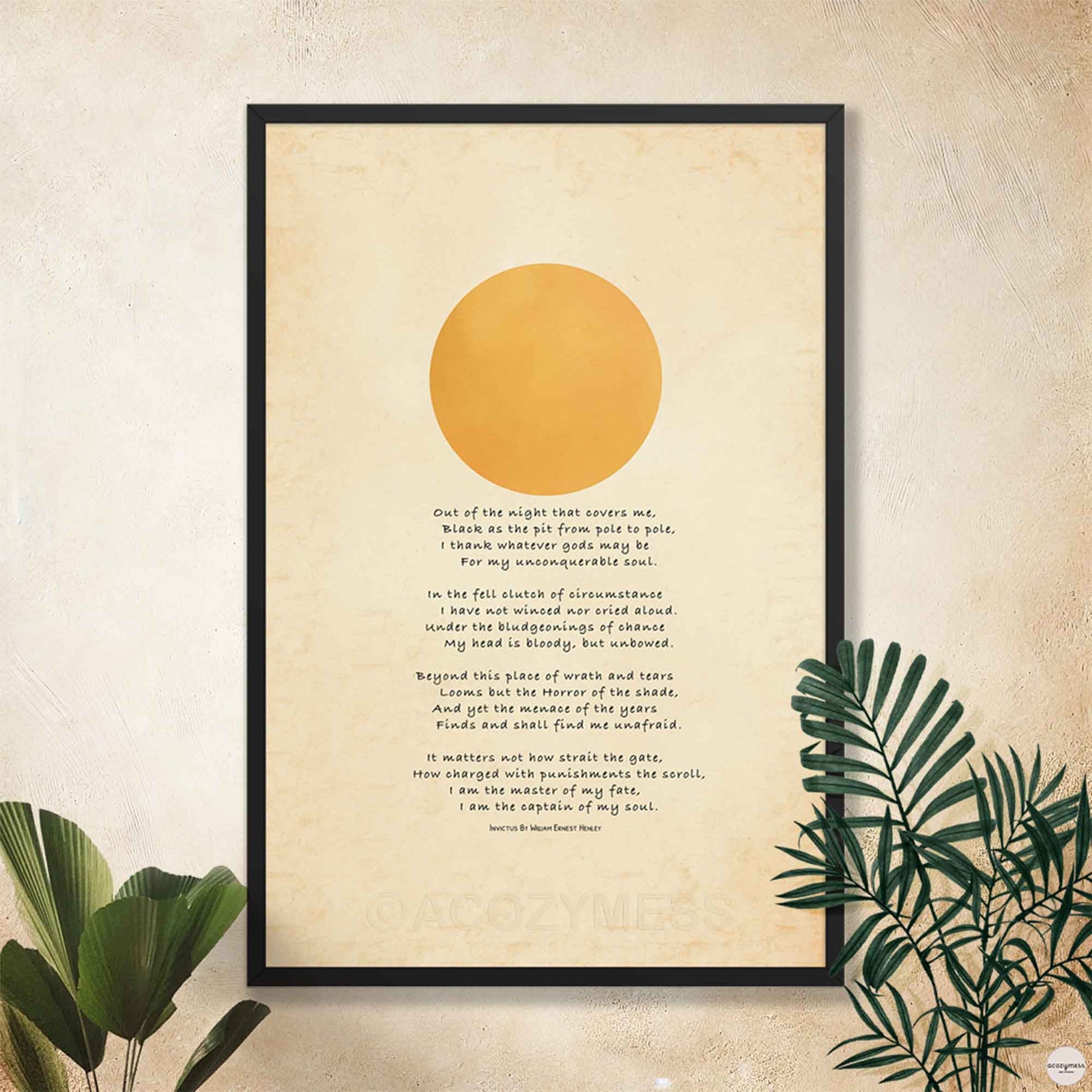 Invictus Print shown in a black frame, leaning against a wall with a cozy, modern interior