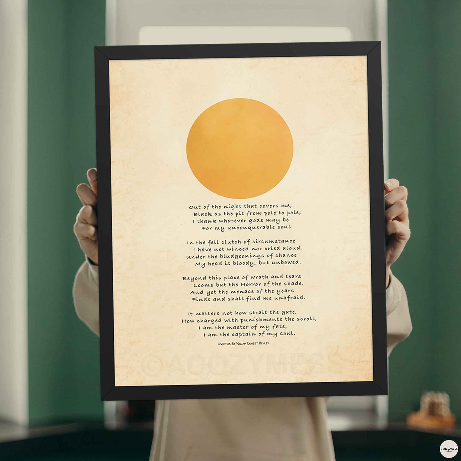 Invictus poem poster sun wall art shown in a black frame