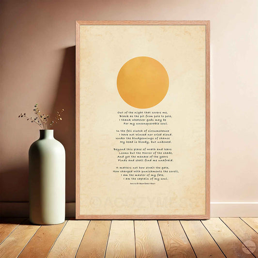 Invictus Poster displayed in an oakwood frame, styled on a light wall with minimal decor