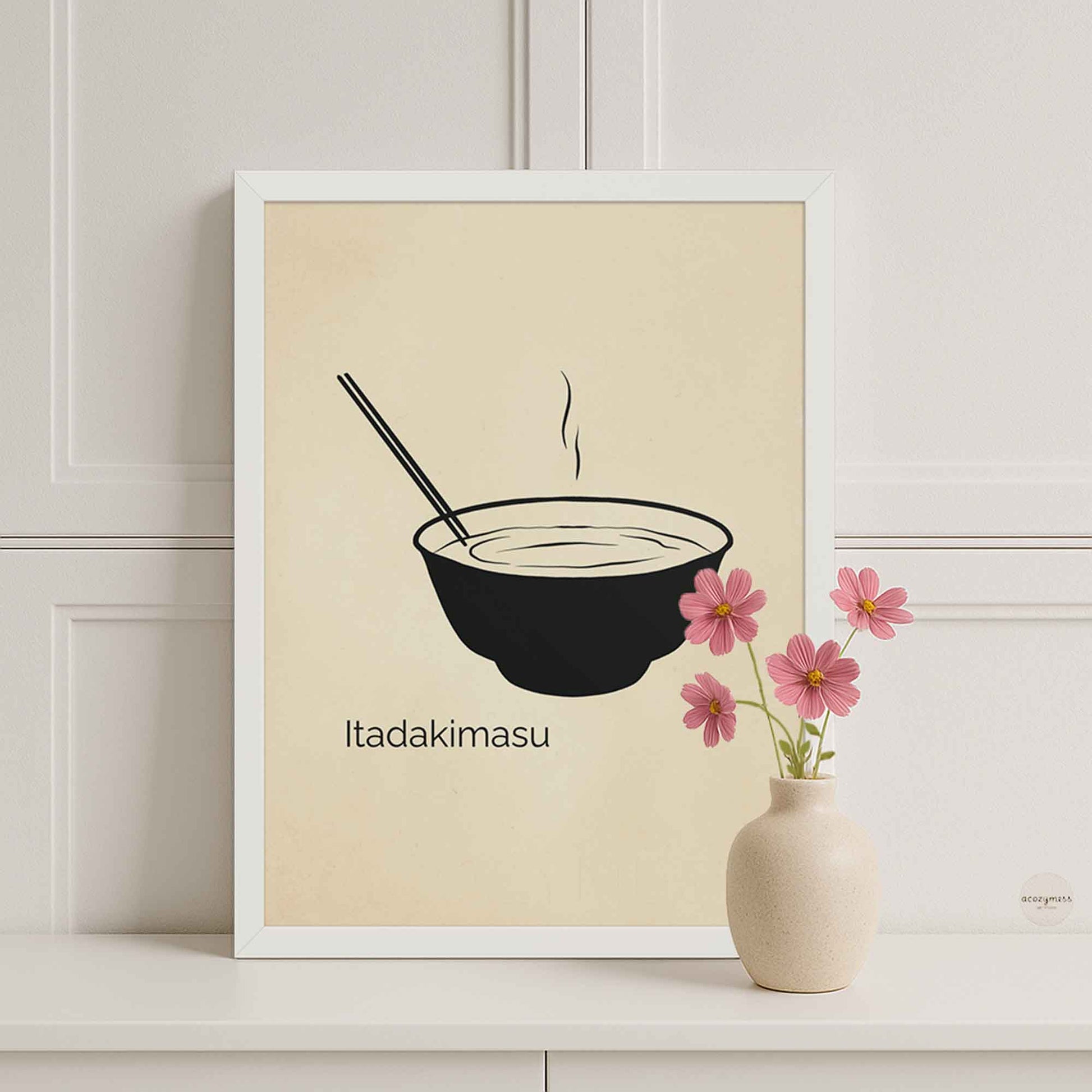 Itadakimasu art print with a white frame, offering a clean and subtle addition to dining or cooking spaces.
