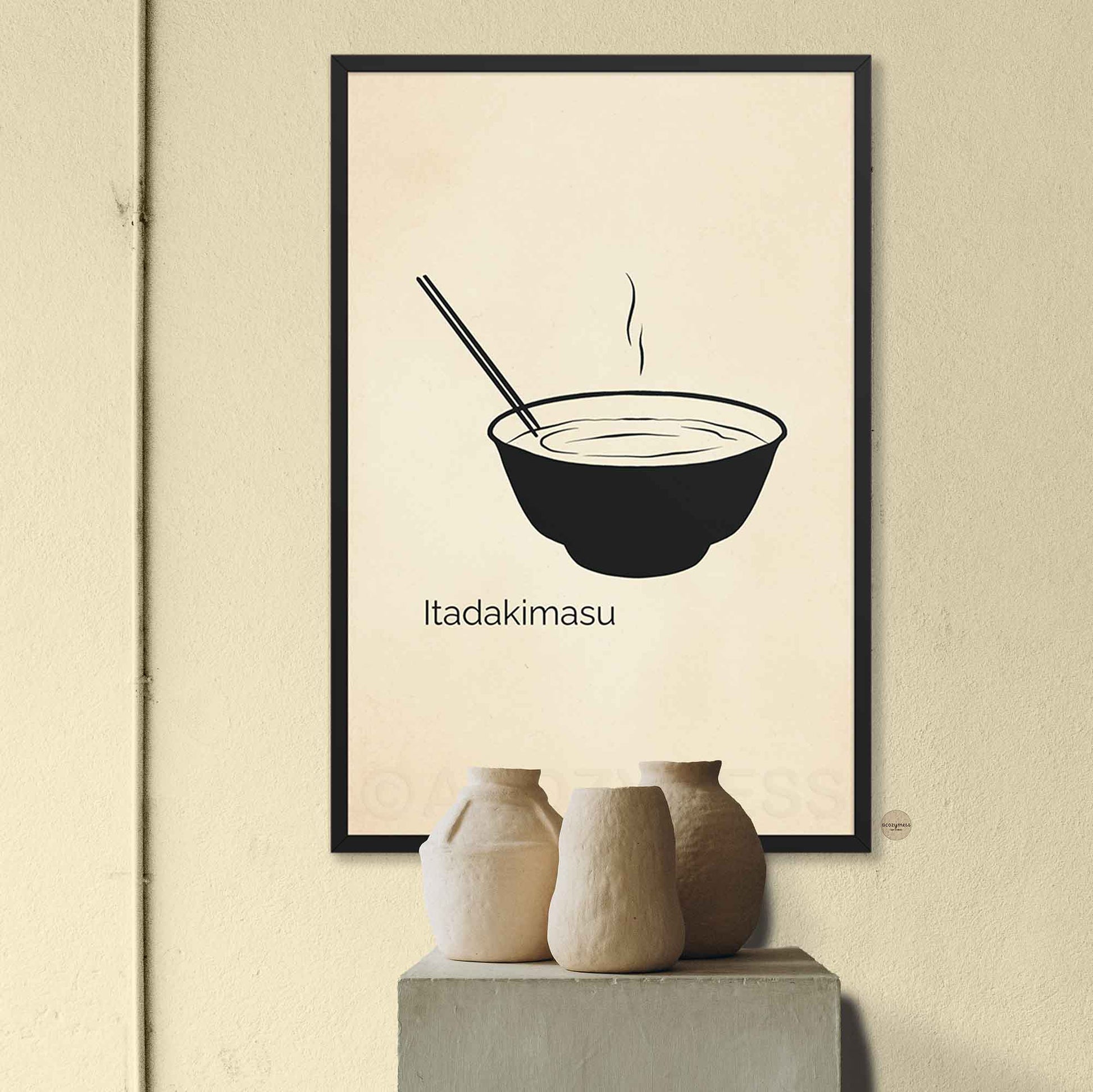 “Itadakimasu” print displayed in a warm black frame, perfect for cozy and natural kitchen aesthetics.