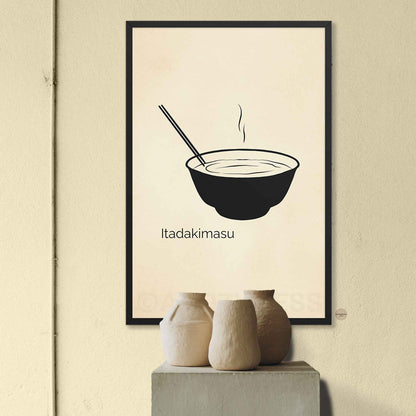 “Itadakimasu” print displayed in a warm black frame, perfect for cozy and natural kitchen aesthetics.