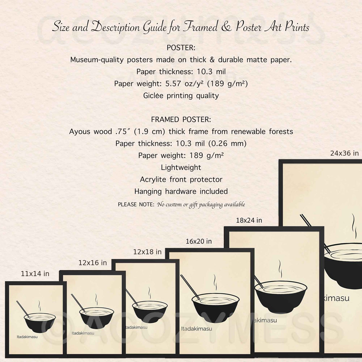 Image showing size details and product specifications for the “Itadakimasu” kitchen wall art print, available in multiple formats.