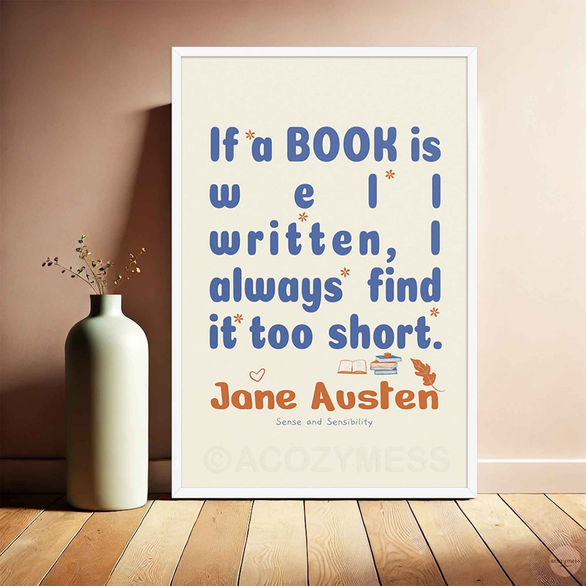 Jane Austen quote print, for reading corners in white frame.